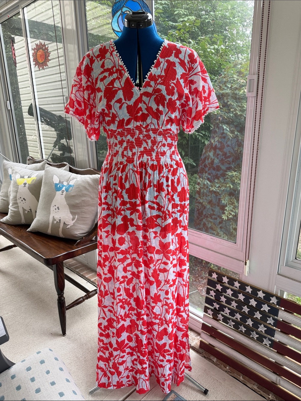 Heidi Klein size M/L maxi cover/dress with smocked waist, red floral